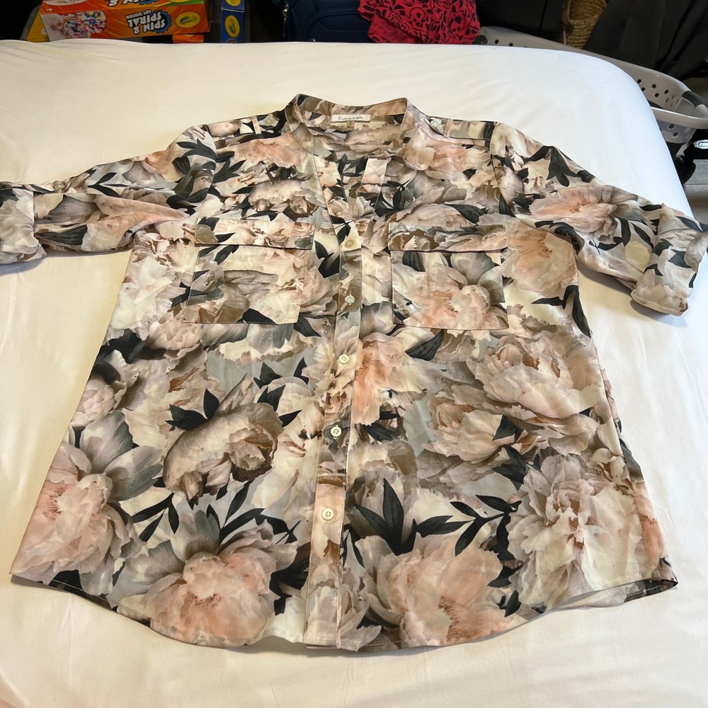 Calvin Klein Floral Button Up Blouse Blush Taupe Roll Tab Sleeve Utility Shirt M